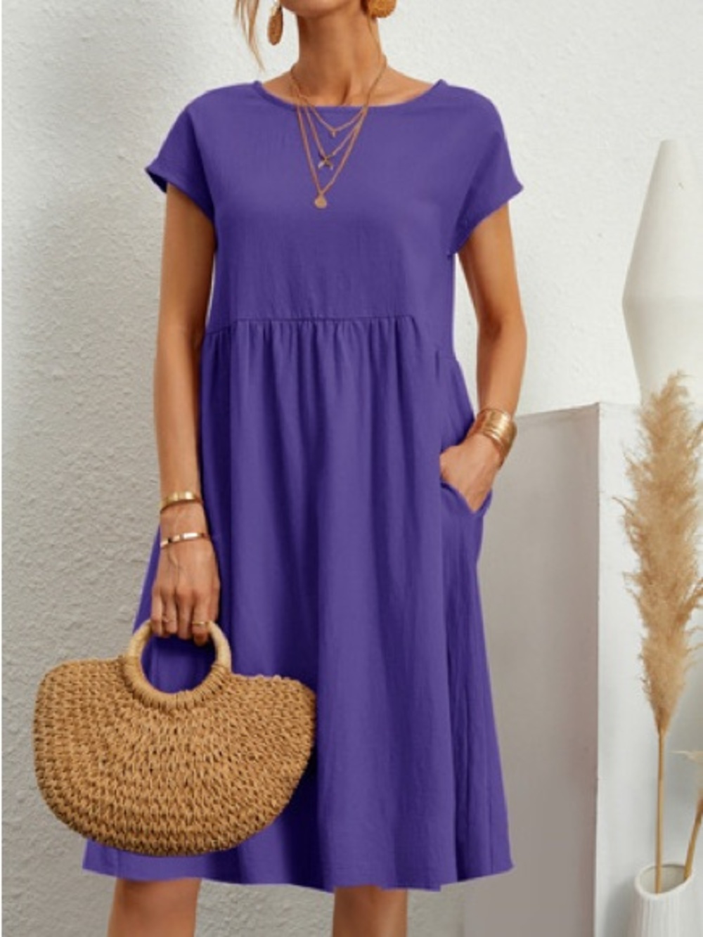 Women’s Purple Short Sleeve A-Line Dress